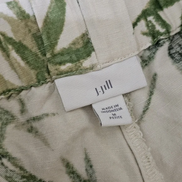 J. Jill Cream and Green Leaf Print Linen Blend Pants Sz M Petite - Picture 3 of 7